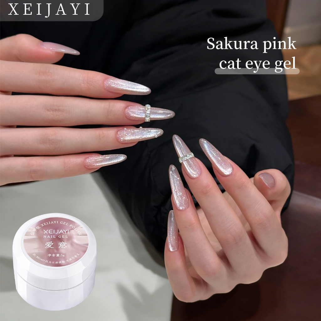 XEIJAYI 5g-Nude Pink Cats Eye Effect Gel Nail Polish, ส่องแสงยาวนาน, เหมาะสําหรับการใช้งานทุกวัน
