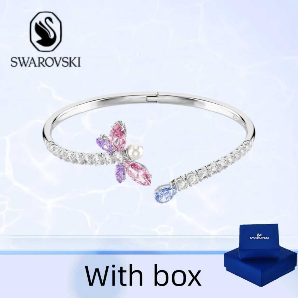 Swarovski (พร้อมกล่อง) ซื้อสร้อยข้อมือเครื่องประดับเงินแท้ Ariana Grande x Swarovski Sparkling Dragonfly Bracelet Brilliant Pink Purple Dragonfly Opening Bracelet
