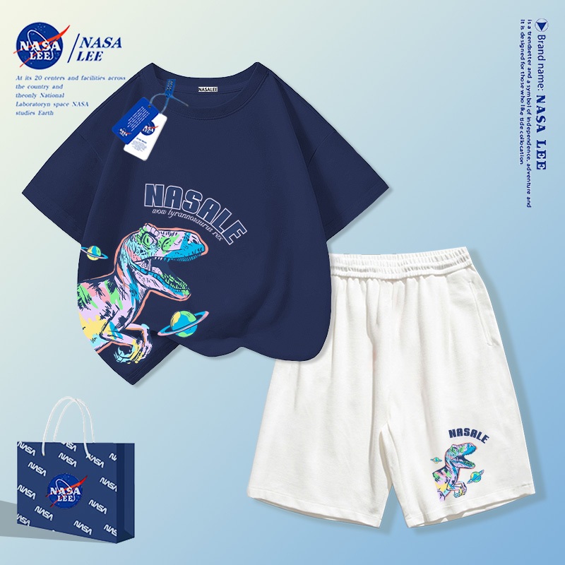 【ส่งจากกรุงเทพฯ】ชุดเซตเสื้อ+กางเกงขาสั้นสีขาว ผ้าคอตตอน ทรงหลวมใส่สบาย ลาย T-Rex สีสันสดใส สไตล์เท่สำหรับเด็ก Unisex