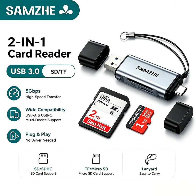SAMZHE USB/Type-C card reader เครื่องอ่านการ์ด SD/TF พอร์ต USB 3.0 สามารถอ่านการ์ดได้สองใบพร้อมกัน