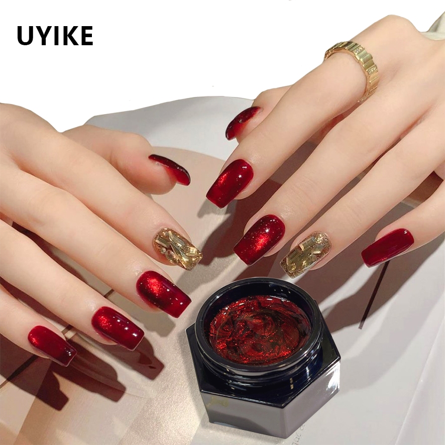 UYIKE ยาทาเล็บตาแมวทับทิมเบอร์กันดีลูกปัดแก้วกระพริบยอดนิยมใหม่สําหรับร้านทําเล็บ