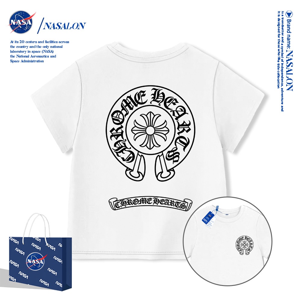 NASA เสื้อคอกลมแขนสั้นเด็ก ผ้าฝ้าย 100% เสื้อยืดผ้าฝ้ายสีขาว ลายแบรนด์เนมสุดเท่ เหมาะสำหรับเด็กอายุ 1-12 ปี