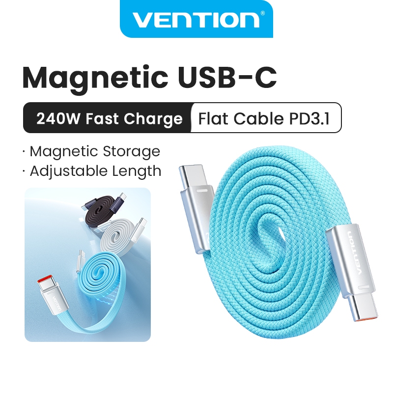 Vention 240W USB-C Magnetic Fast สายชาร์จ Self-Coiling สําหรับ Tangle-Free Storage Ultra-Slim 4.5 มม.เชื่อมต่อ E-Marker 480Mbps Data Transfer Braided สายทนทาน