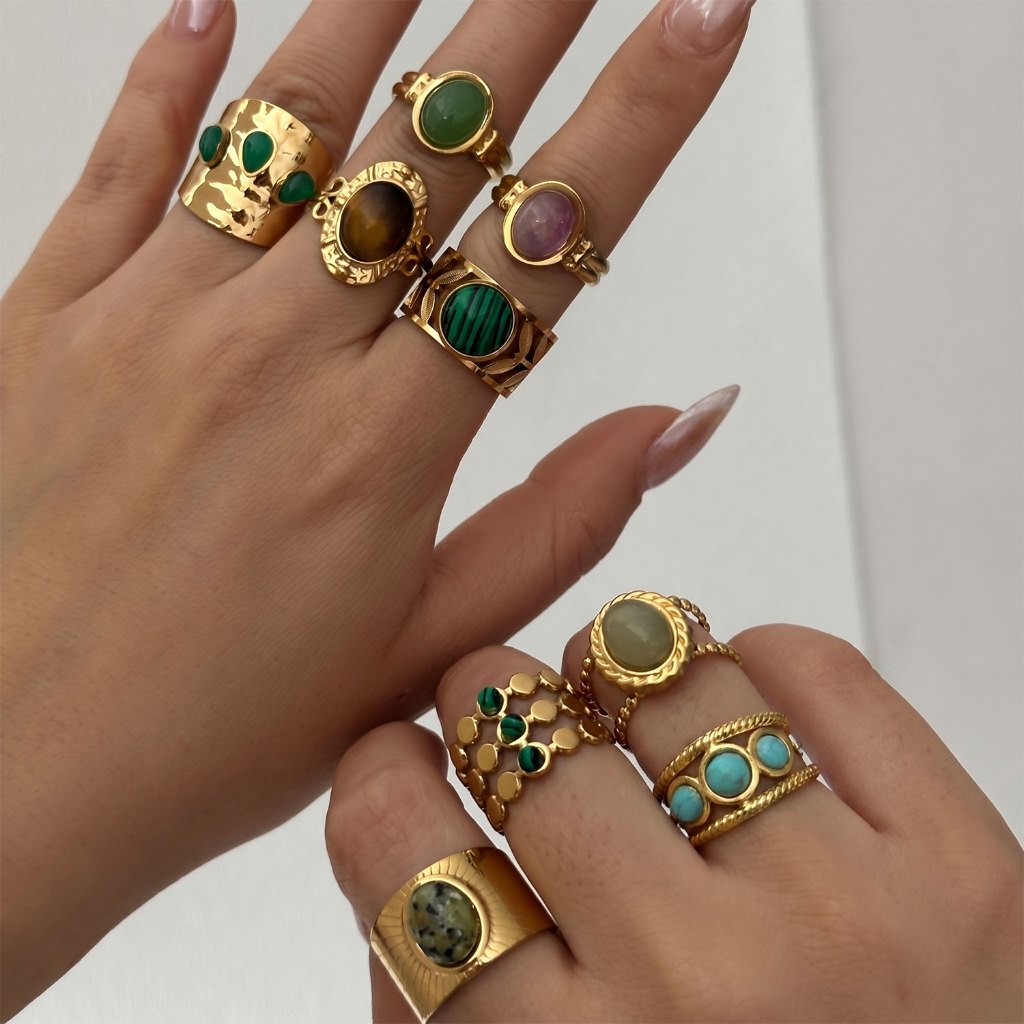 Vintage Tiger Eye Stone Turquoise อัญมณีเปิดแหวนผู้หญิงเครื่องประดับของขวัญอุปกรณ์เสริม