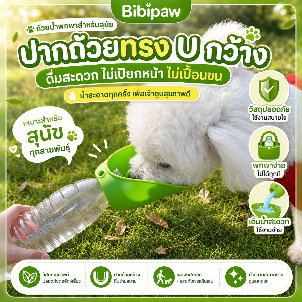 ขวดน้ำสัตว์เลี้ยง พับได้ พกพาสะดวก ปากกว้าง ใช้ขวดน้ำเปลี่ยนได้ น้ำไม่เปียกขน พกไปเดินเล่น ปลอดภัย
