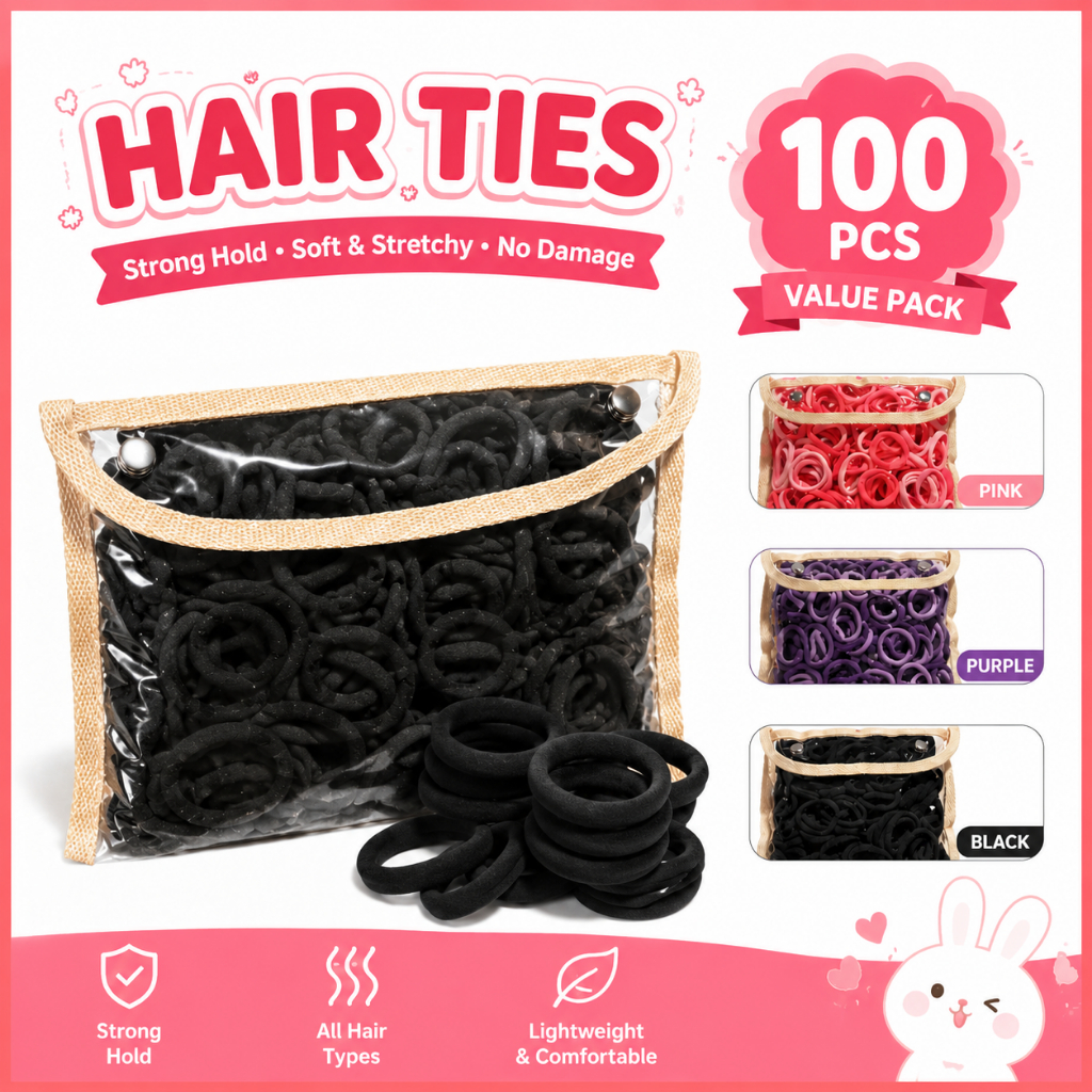 เชือกผูกผมยืดหยุ่นสูง แพ็คเกจ 100 ชิ้น สีดำ สไตล์ใหม่สำหรับเด็กหญิง