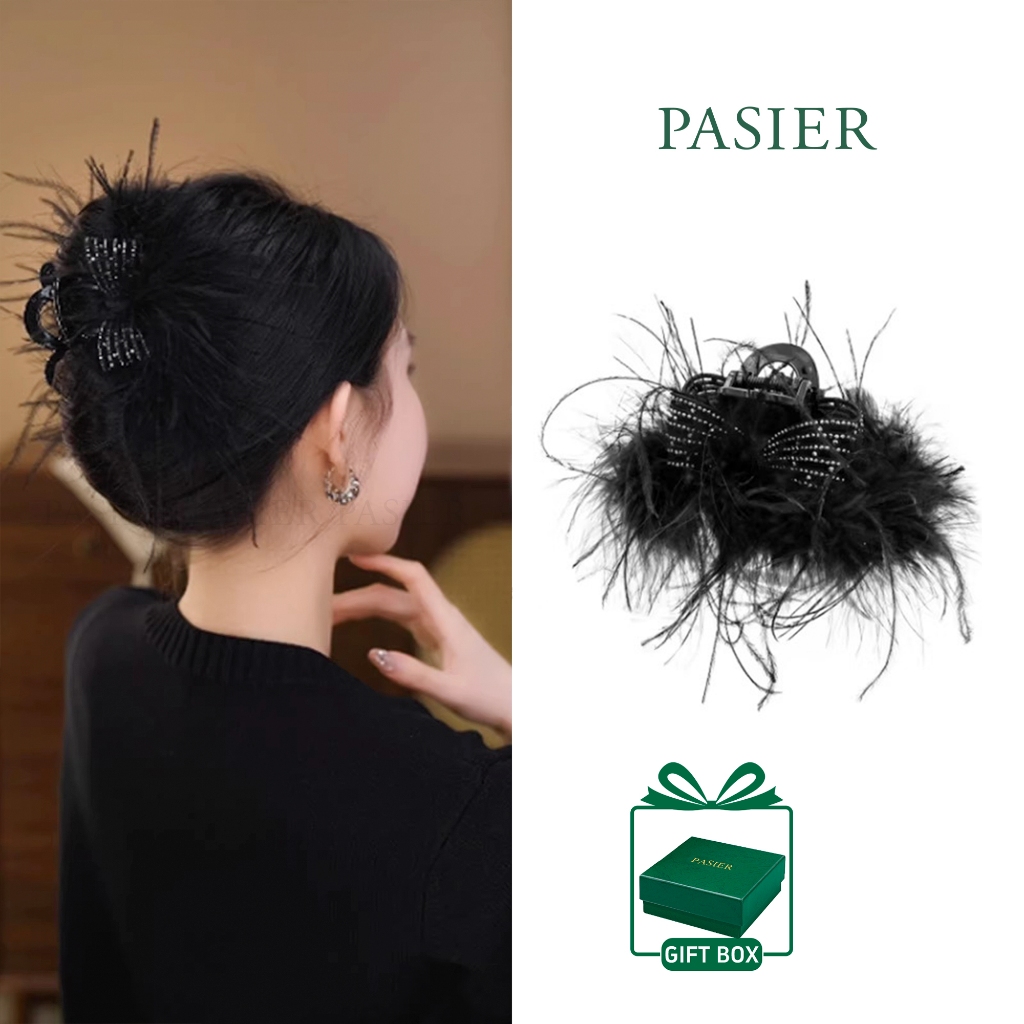 PASIER คลิปก้ามปูขนนกเกาหลี ประดับโบว์สีดํา ดีไซน์แฟชั่นหรูหรา สําหรับจัดแต่งทรงผมทุกวัน FB2987