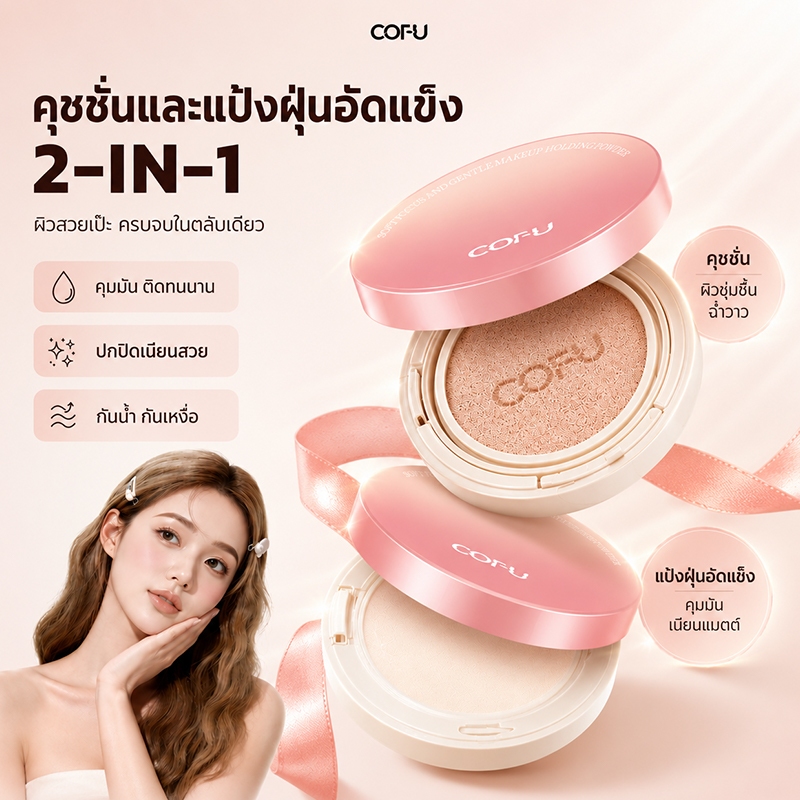 【COFU】เซ็ตคุชชั่นและแป้งพัฟ คุมมัน ติดทนนาน ปกปิดเรียบเนียน บางเบา ลุคผิวธรรมชาติ Cushion Powder Set