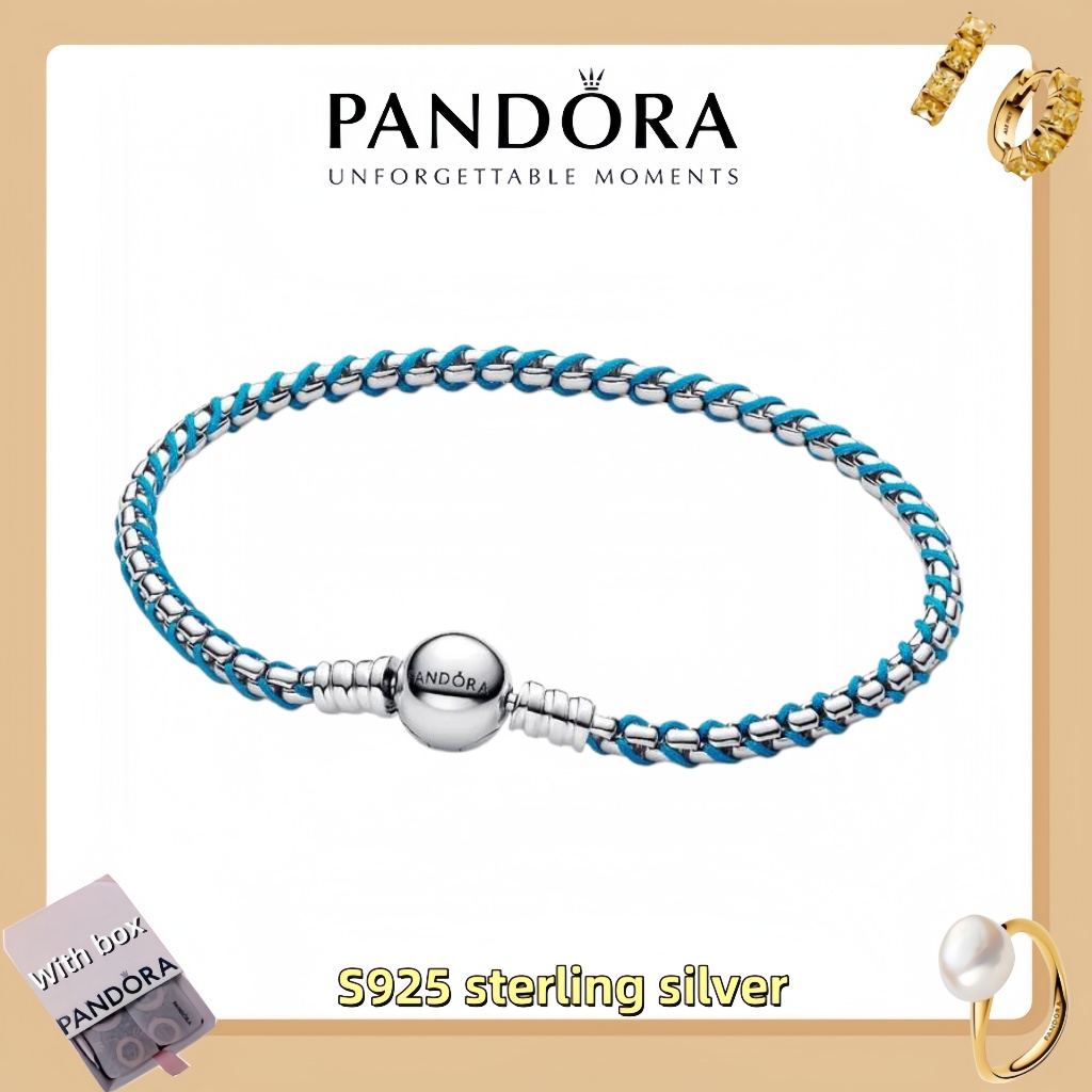 สร้อยข้อมือจี้เครื่องประดับเงินแท้ แพนโดร่า ส925 (กล่องของขวัญฟรี)สร้อยข้อมือโซ่งูสายสีฟ้า