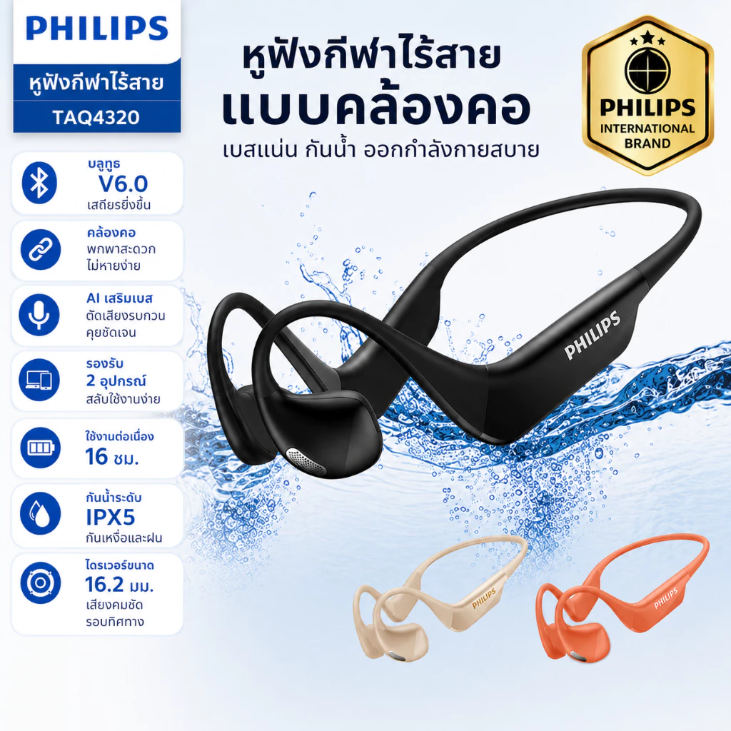 Philips TAQ4320 หูฟังบลูทูธแบบเปิดหู ระบบกระดูกกะโหลก แบบหนีบหู พร้อมระบบลดเสียงรบกวน สำหรับออกกำลังกายและกีฬาอาชีพ [มีการ์ดความจำในตัว 8GB]