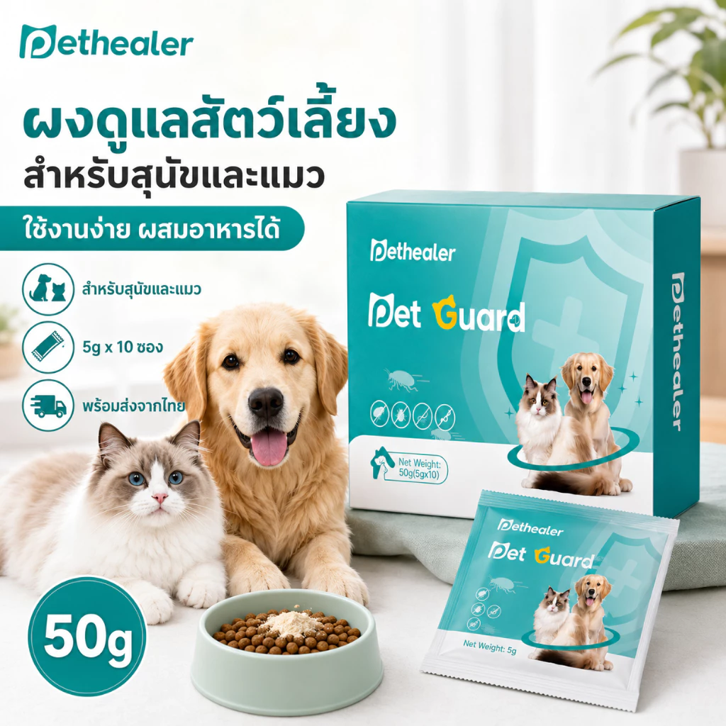 PETHEALER ผงดูแลสัตว์เลี้ยง สำหรับสุนัขและแมว 50g (5g x 10 ซอง) ใช้งานง่าย ปลอดภัยทุกวัน