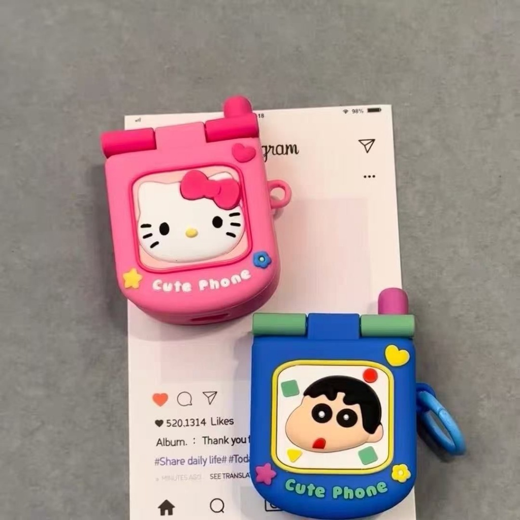 Creative Blue Shin-Chan Mirror โทรศัพท์มือถือเหมาะสําหรับ OPPO ENCO Clip2 เคสหูฟังสีชมพู kt Cat Big Brother เคสป้องกัน Shock-resistant Soft Case