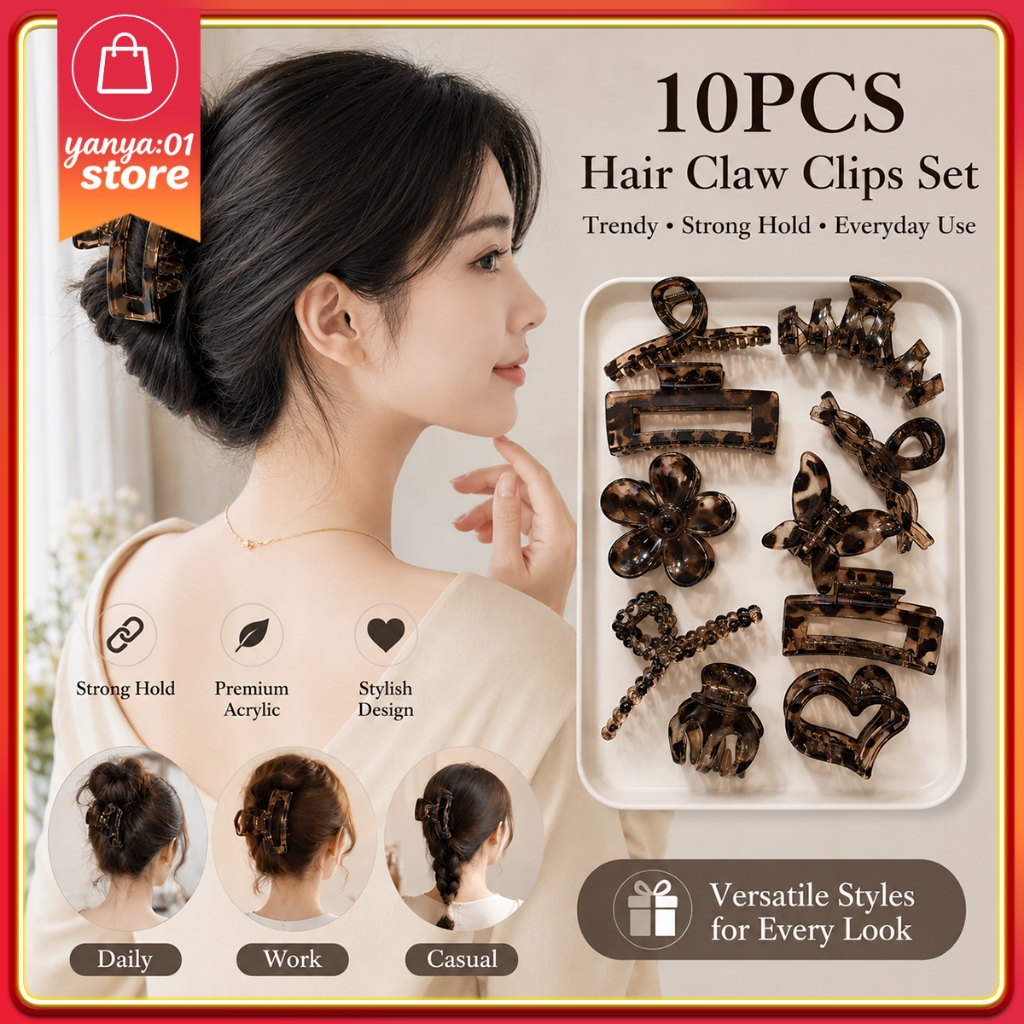10 ชิ้นเสือดาวพิมพ์ผม Claw คลิปชุดสัตว์พิมพ์ Claw คลิปคลิปใหญ่สําหรับ Updo & ผมหนา