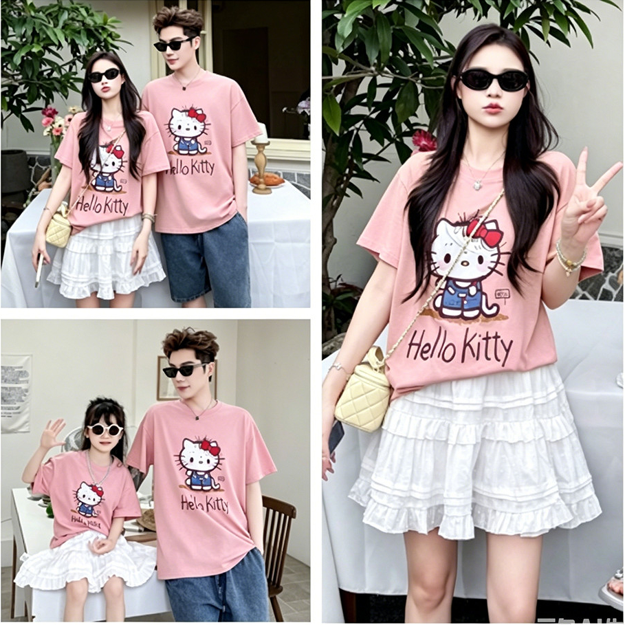 COD(พร้อมส่ง)เสื้อทีเชิร์ตชุดครอบครัว Hello Kitty ผ้าฝ้ายนุ่ม สำหรับพ่อ แม่ ลูก ใส่เที่ยวครอบครัว