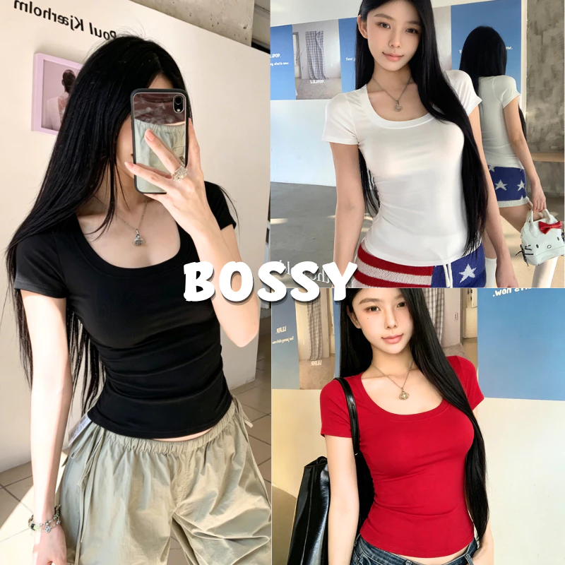 BOSSY เสื้อยืดแขนสั้นสำหรับฤดูร้อน แบบทรงกระชับและสวมใส่ง่าย ดีไซน์ทันสมัยสำหรับผู้หญิง ผ้าฝ้าย100%#F