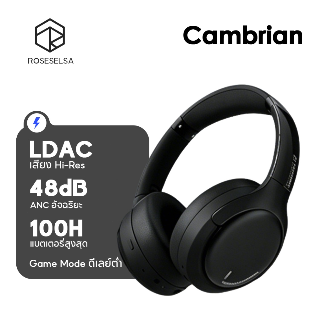 ROSESELSA Cambrian Hi-Res ANC หูฟัง 48dB การตัดเสียงรบกวน LDAC เสียง 100H แบตเตอรี่ Dual อุปกรณ์โหมดเกม Latency ต่ํา 5-Mic ENC Memory Foam Cushions