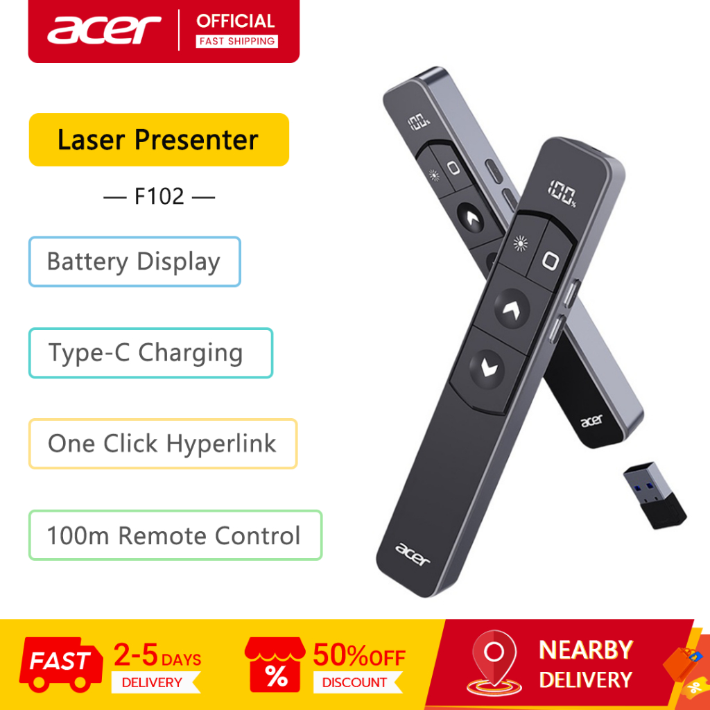 Acer Laser Presenter F102 2.4GHz ไร้สาย 100 ม. การเข้ากันได้หลายระบบระยะไกล Presenter Remote