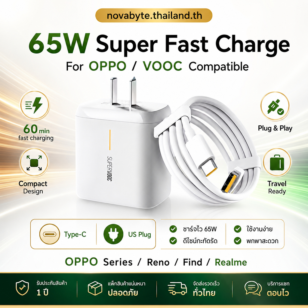 ชุดหัวชาร์จเร็ว 65W สำหรับ OPPO พร้อมสาย Type C/Micro USB ปลั๊ก US ชาร์จแฟลช พกง่าย บ้าน ออฟฟิศ เดินทาง