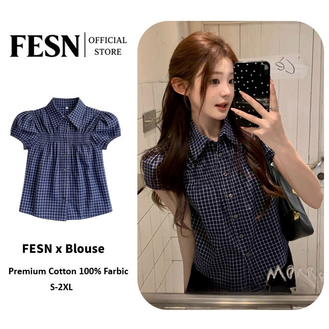 เสื้อเชิ้ตแขนฟองผู้หญิง ลายตารางสีน้ำเงิน ทรงสวยปรับรูป S-2XL ให้เลือก