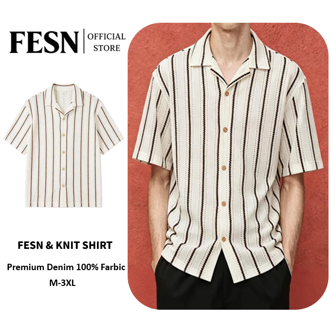 Knit Shirts • เสื้อถักแขนสั้นลายทางเล็กแอปริคอท M-3XL + ไซส์ใหญ่ หน้าผ้า56"/62"