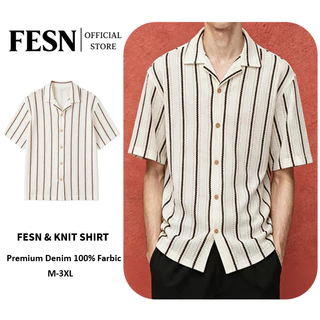 Knit Shirts • เสื้อถักแขนสั้นลายทางเล็กแอปริคอท M-3XL + ไซส์ใหญ่ หน้าผ้า56"/62"