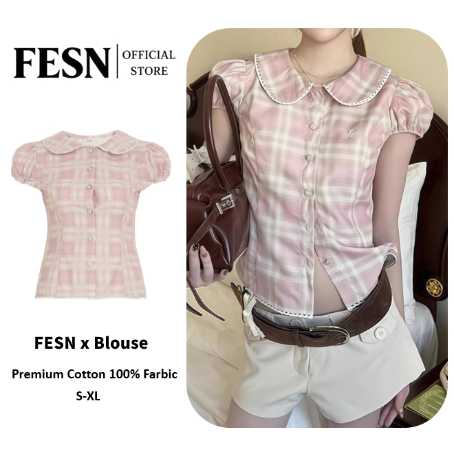 FESN เสื้อเชิ้ตลายตารางสีชมพู แขนพอง คอปกแต่งลูกไม้ ทรงกระชับ สไตล์เกาหลี ผู้หญิง ขนาด S‑XL