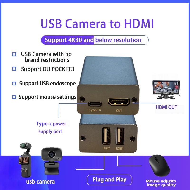 ⭐⭐⭐Pocket3 เป็น HDMI เพื่อเชื่อมต่อโต๊ะไกด์ หน้าจอการสอน UVC เป็น HDMI หล่อกล้อง USB เป็นตัวแปลง HDMI