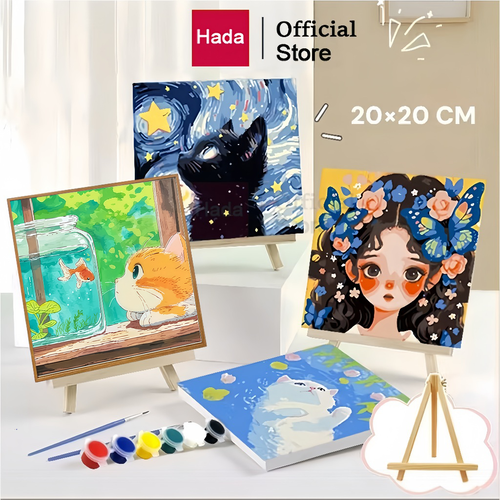 สีน้ํามัน ระบายสีตามตัวเลข 20x20ซม. (พร้อมกรอบ) พร้อมสีและพู่กัน ภาพวาดอะคริลิคภาพสีน้ํามันดิจิตอลทําเองของขวัญผนังจิตรกรรมของเล่นของขวัญเด็กกระตุ้นจินตนาการ