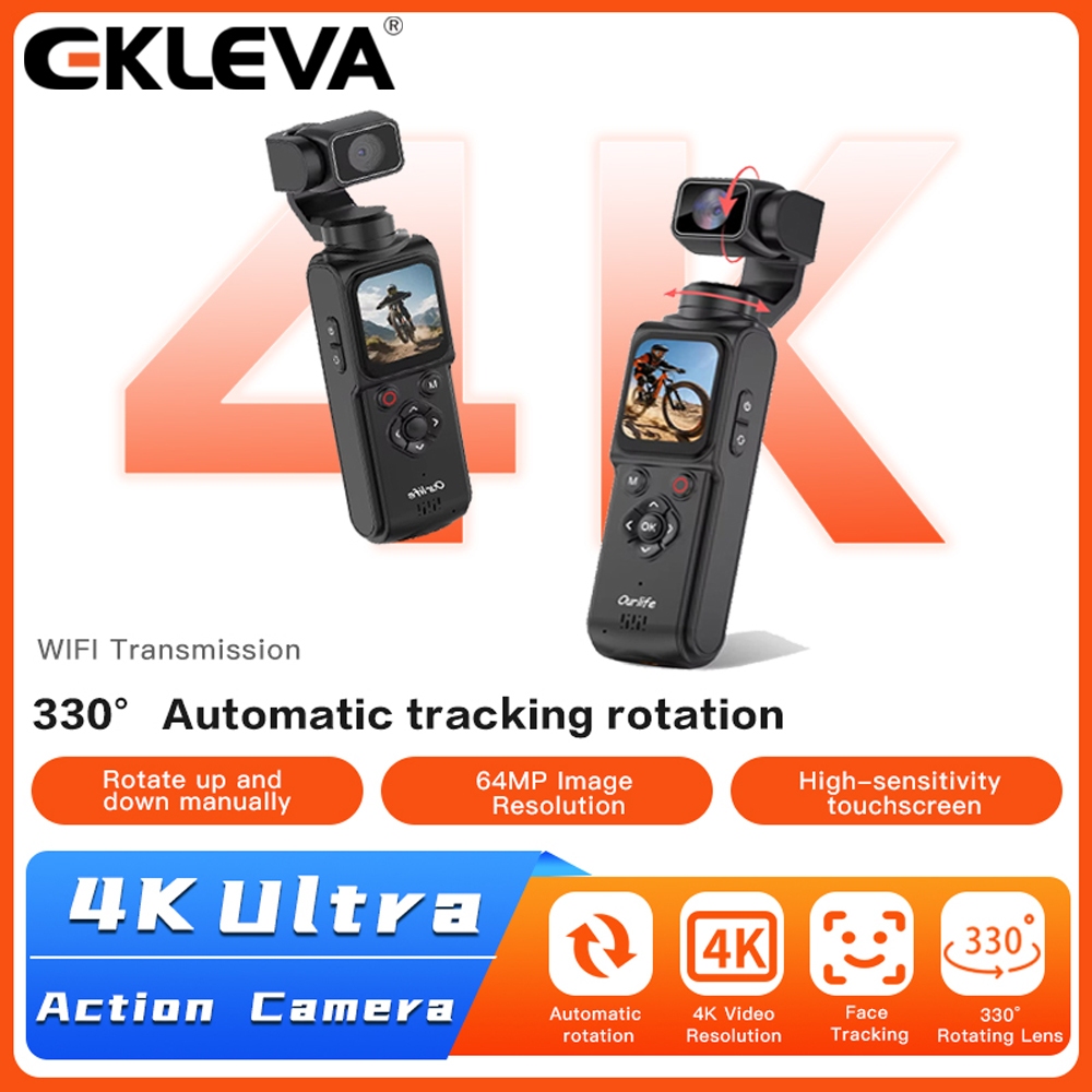 กล้องแอคชั่นแคมเมรา EKLEVA M105 4K 330° การติดตามใบหน้า กล้องดิจิตอล 64MP 1.72 นิ้วหน้าจอสัมผัส อินเตอร์เน็ตไร้สาย วิดีโอบล็อก กล้องพ็อกเก็ตบันทึกวิดีโอ