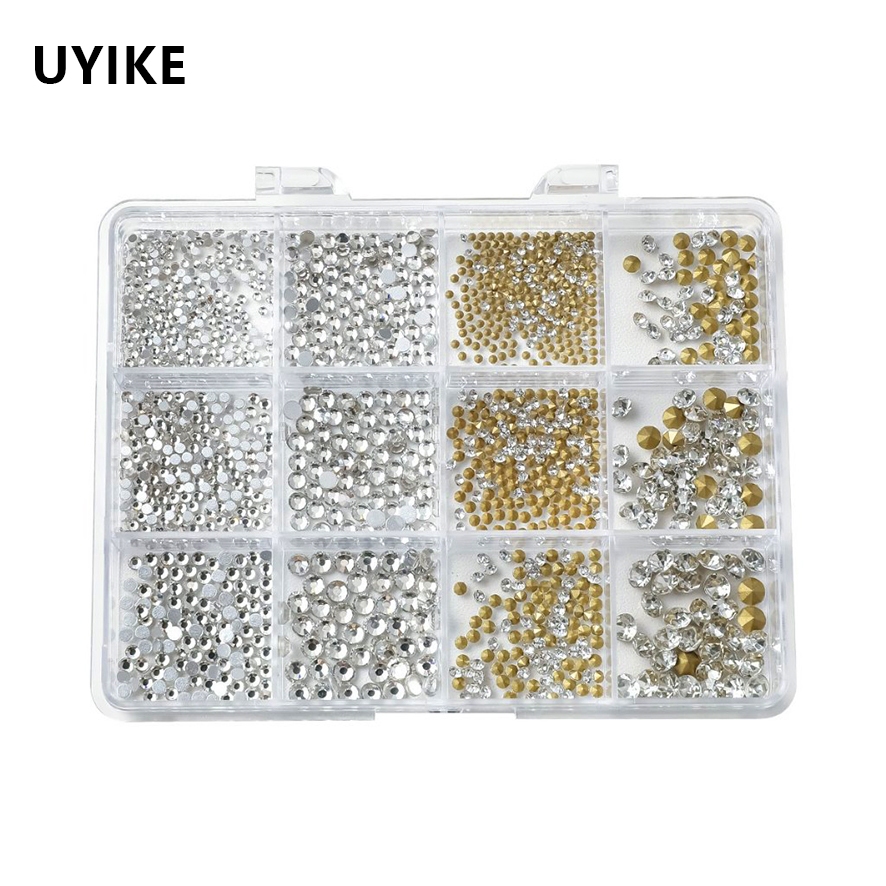 UYIKE 12-grid ผสมไข่มุกและ Rhinestones รูปไม่สม่ําเสมอ, Flashy K9 Pointed-back รอบ Rhinestones, อุปกรณ์ตกแต่งเล็บ