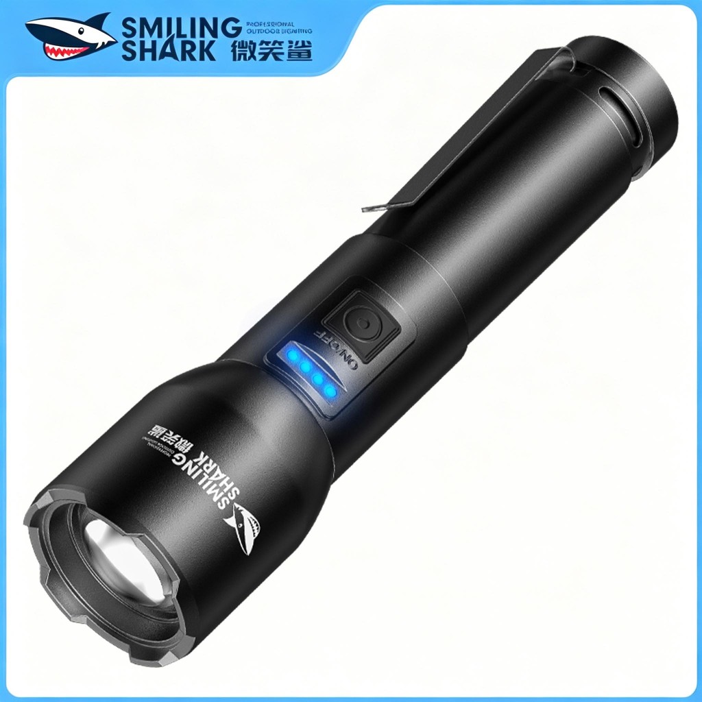SmilingShark SD8107 ไฟฉาย led M77 7000lm ด้วยการออกแบบตะขอแบบพกพา คบเพลิง ซุปเปอร์ไบรท์ 18650 Type-C ชาร์จใหม่ได้ 5โหมด ซูมได้ กันน้ำสำหรับตั้งแคมป์เดินป่าในครัวเรือน