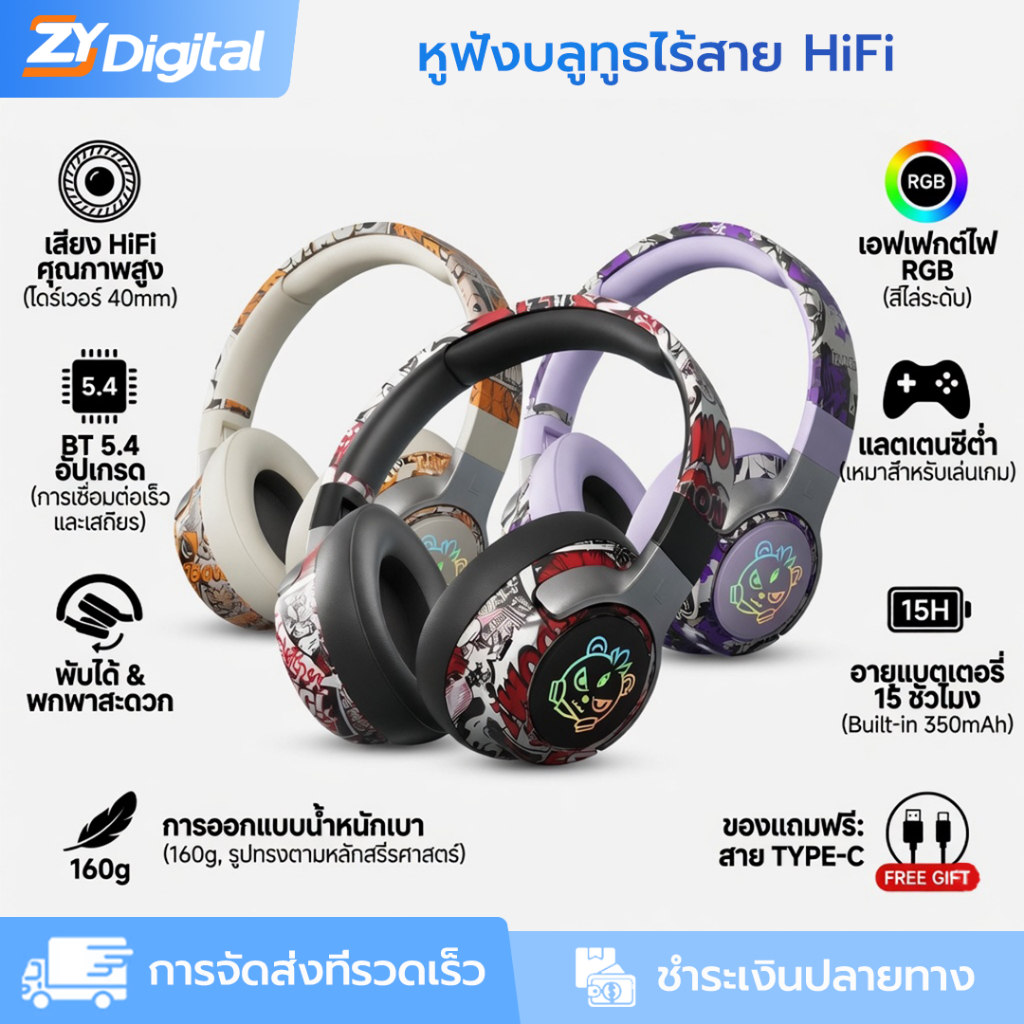 SY-T12 หูฟังบลูทูธหูฟังไร้สาย LED RGB Light HD ชุดหูฟังสเตอริโอไฮไฟพร้อมไมโครโฟนสําหรับเล่นเกมคอมพิวเตอร์แล็ปท็อป
