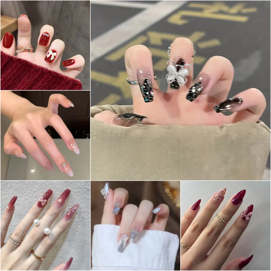 【พร้อมกาว】เล็บปลอม Diy ออกแบบเล็บปลอม 24 ชิ้น