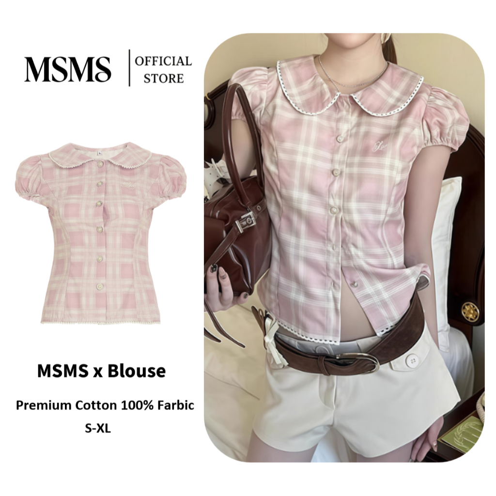 เสื้อเชิ้ตลายสก๊อตผู้หญิง MSMS แขนฟอง อเนกประสงค์ น่ารัก สไตล์ Y2K มาใหม่