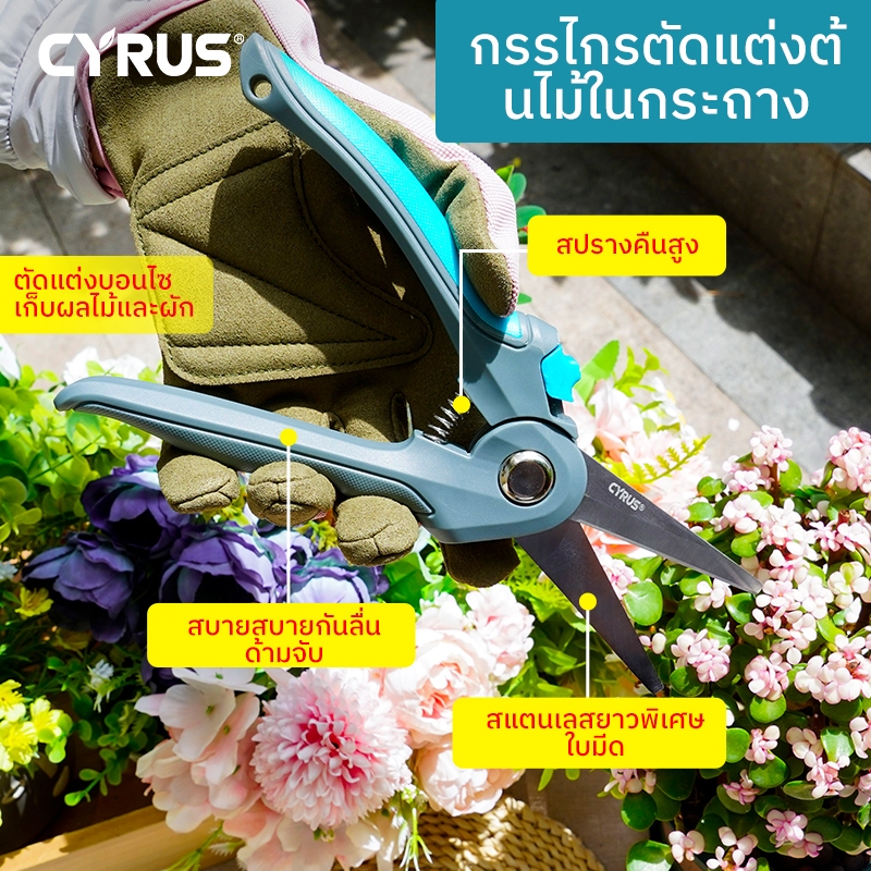 CYRUS กรรไกรกระถางสแตนเลสกรรไกรที่ใช้ในครัวเรือนสำหรับทำสวนและดอกไม้ศิลปะสวนบอนไซตัดแต่งกิ่งพืชเหง้าใบกรรไกรตัดแต่งกิ่ง