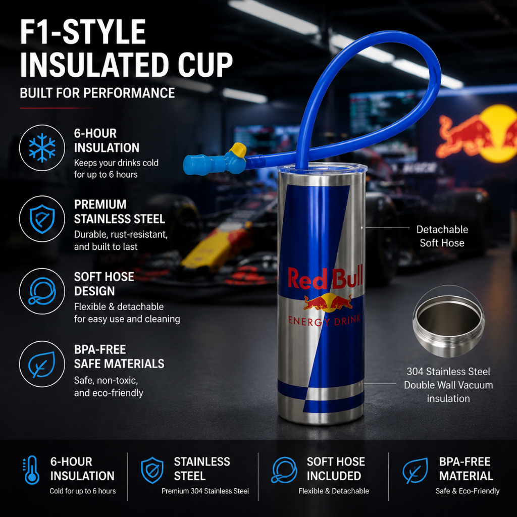 F1 Red Bull Racing แก้วน้ําสแตนเลสหุ้มฉนวนพร้อมหลอด – ขวดน้ํา Grand Prix สําหรับแฟนๆ Motorsport