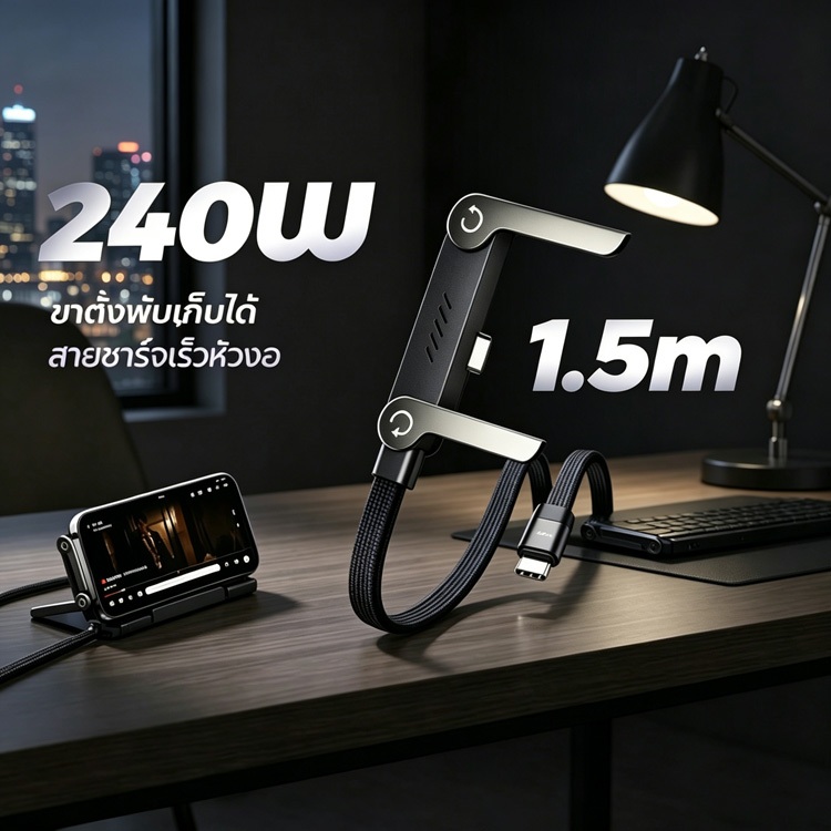HETH สายชาร์จ Type C 1.5M 240W รองรับข้อมูล สามารถพับเป็นขาตั้งโทรศัพท์ได้ 2 IN 1 เหมาะใช้ในออฟฟิศและเดินทาง