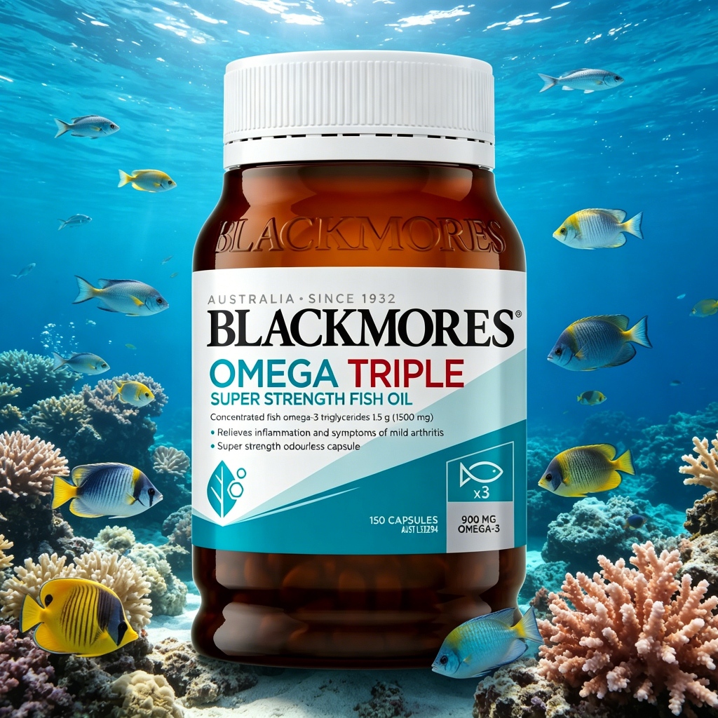 Blackmores Omega Triple Super Strength Fish Oil 150 แคปซูล | การสนับสนุนโอเมก้า-3 900 มก.