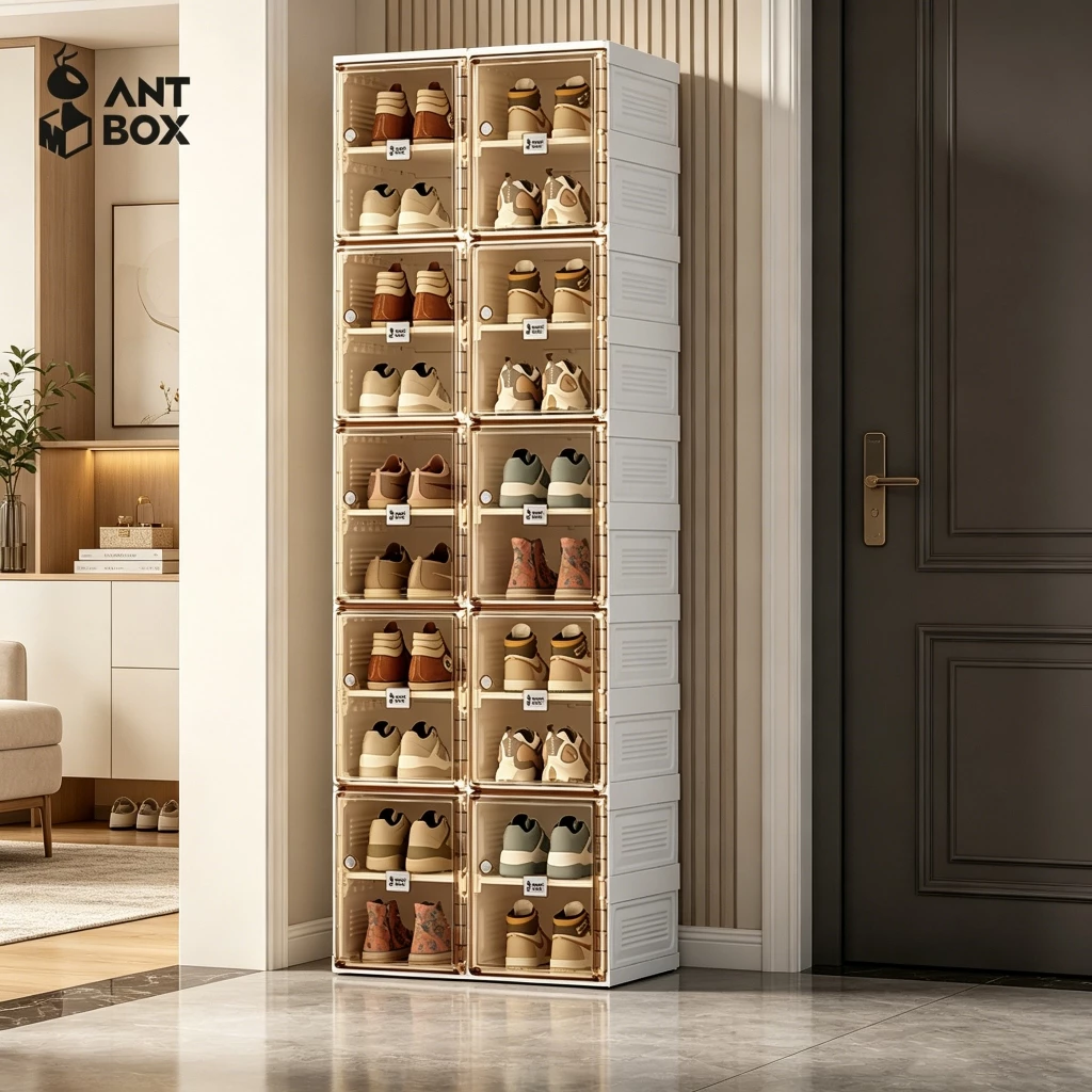 ANTBOX [พร้อมส่ง !! ] กล่องใส่รองเท้า 2 แถว 10 ชั้น 20 คู่ ติดตั้งง่าย พับเก็บได้ มีหลายช่องเก็บ ประตูแม่เหล็ก แข็งแรงทนทาน กันน้ำกันแดด