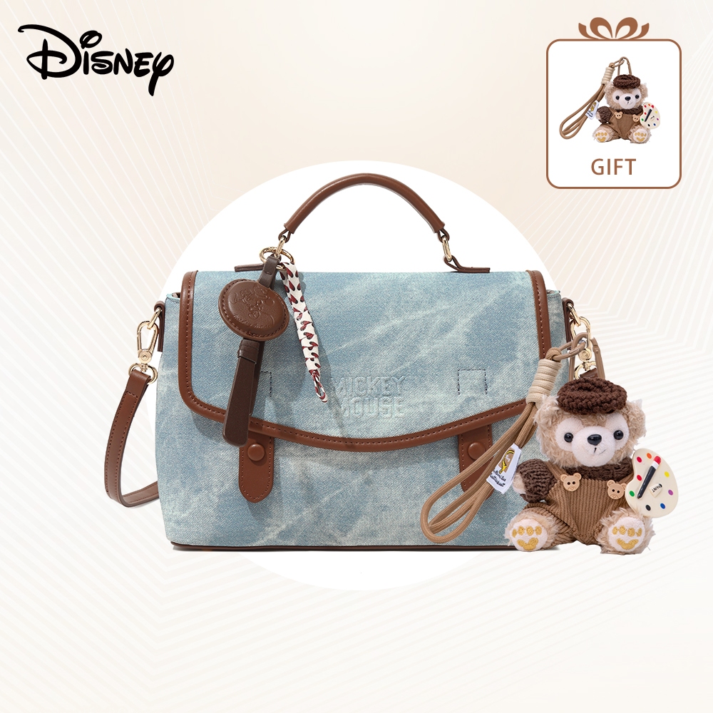 Disney Mickey Mouse กระเป๋าสะพายผ้าเดนิมสำหรับผู้หญิงกระเป๋าทรง Satchel กระเป๋าสะพายข้างสไตล์เกาหลีพร้อม Charm Acid Wash Denim กระเป๋าสะพายข้างสำหรับผู้หญิง