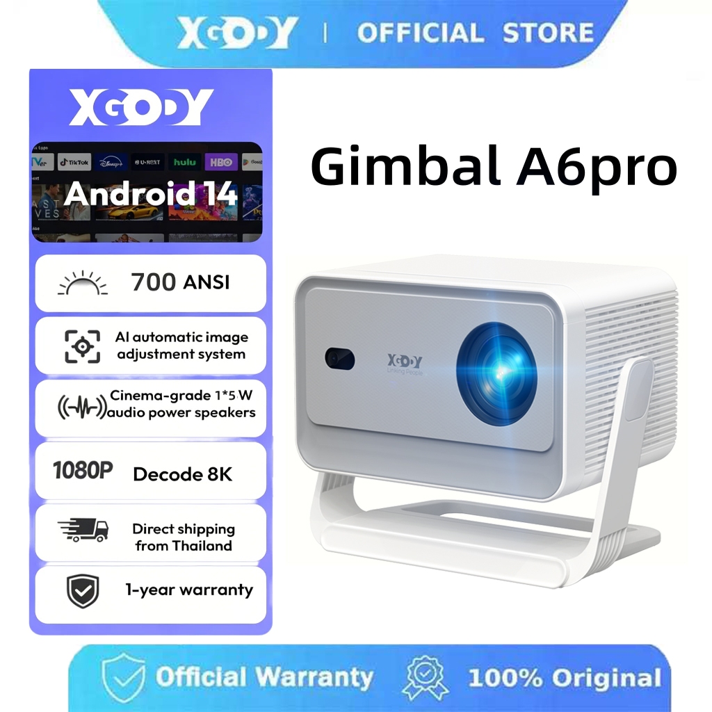 XGODY Gimbal A6 Pro โปรเจคเตอร์ ออโต้โฟกัส 4K Ultra HD 700 ANSI Android 14 WiFi 6 พกพาได้ รองรับ You