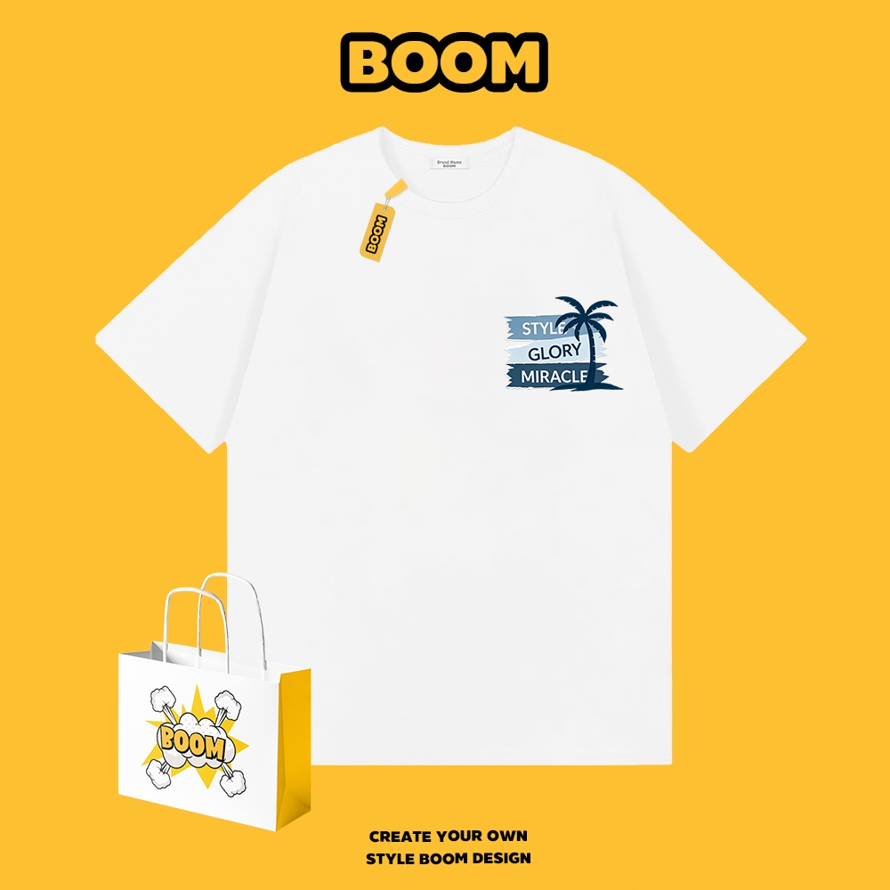 BOOM เสื้อยืดคอกลมสีพื้น ผ้าฝ้าย 100% ระบายอากาศดี oversize เที่ยวทะเลผู้ชาย เหมาะสำหรับเยาวชน