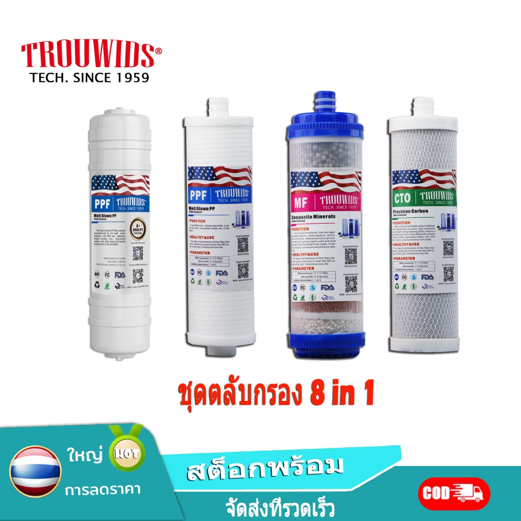 TROUWIDS 8 in 1 เครื่องกรองน้ำระบบอัลตร้าฟิลเตรชั่น 3 ขั้นตอน ตั้งโต๊ะ/แขวนผนัง