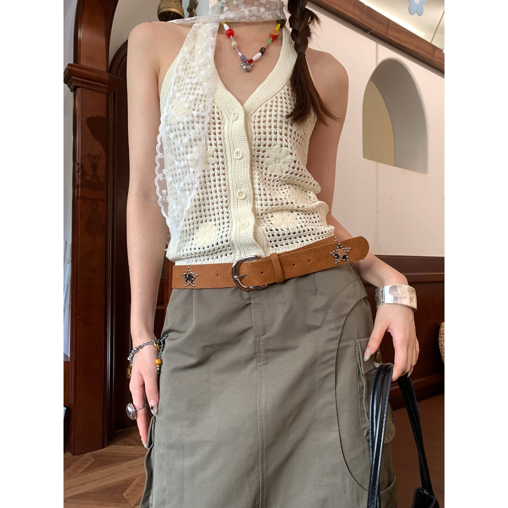 Retro Leopard Print Star Brown Belt Female Niche Design Feel Matching Skirt Jeans Wide Belt Belt