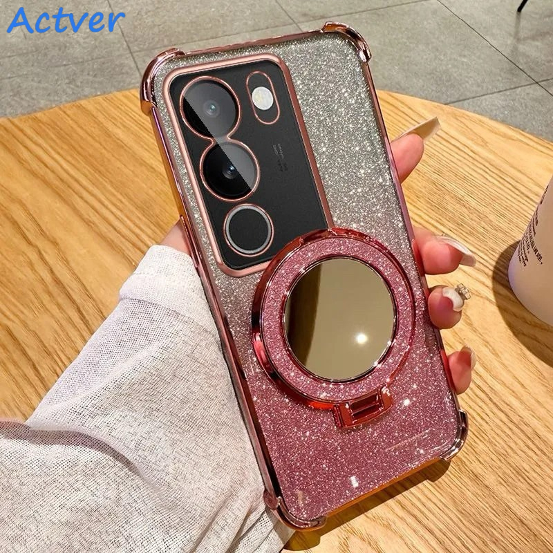 ส่งจากไทย เคสกระจกกลิตเตอร์ไล่เฉดสีสำหรับ Vivo V70 Y05 Y11D Y31D Y31 5G Y21D Y04 Y29s Y200 Y19s Y300 Y28 4G Y29 และ Y39 มาพร้อมตัวยึดแบบแม่เหล็ก กระจกแต่งหน้า และขาตั้งกันกระแทก
