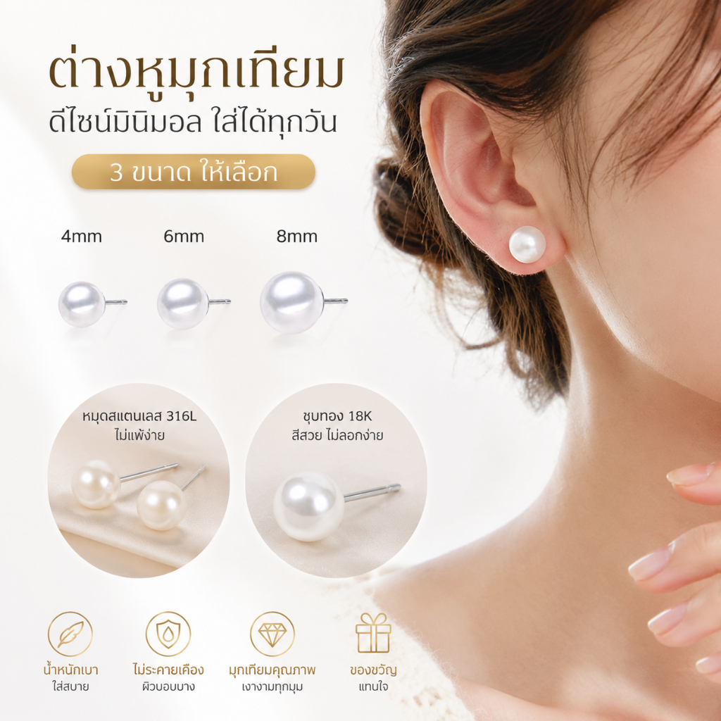 ZHENL ต่างหูมุกกลม4-8มม. 316Lสแตนเลสแท้ ชุบ18K ไม่ลอกไม่ดำ ไม่แพ้ผิว กันน้ำ100% ของขวัญแฟน คู่รัก กล่องของขวัญไม่บังคับ