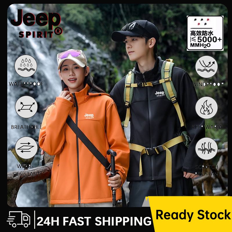 JEEP SPIRIT เสื้อแจ็คเก็ต Softshell กลางแจ้งคู่หนากันลมกันน้ําเสื้อกันลมเดินป่า
