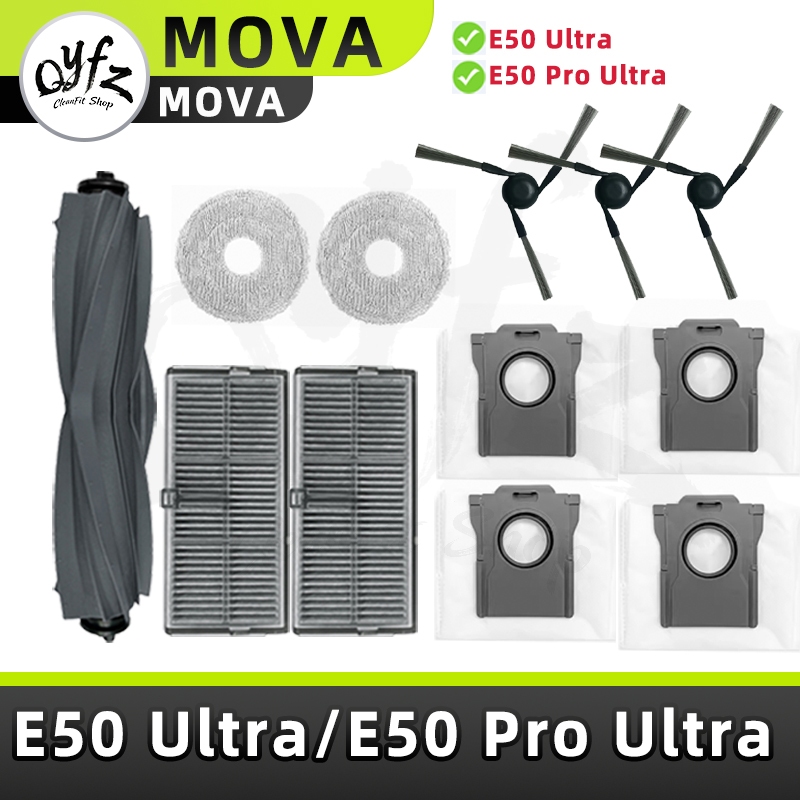 Qyfz ปรับให้เข้ากับ MOVA E50 Ultra/E50 Pro Ultra Sweeping Robot อุปกรณ์เสริมแปรงลูกกลิ้งแปรงด้านข้างกรองตาข่ายผ้าถุงเก็บฝุ่นวัสดุสิ้นเปลือง