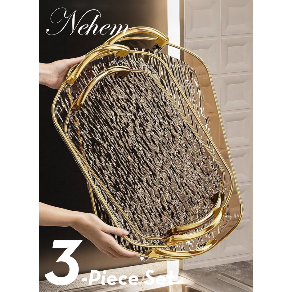 Nehem - 3PCS ถาดหรูหราถาดอเนกประสงค์หูคู่ถาดผลไม้ใสสี่เหลี่ยมผืนผ้าถาดชา Dulang