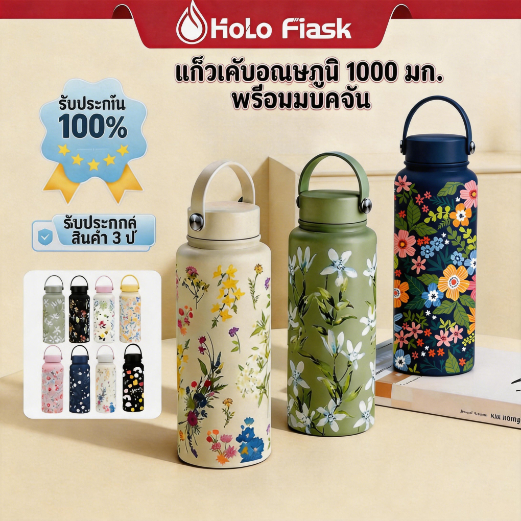 1000มล กระติกน้ำร้อนลายดอกไม้ ขวดเก็บอุณหภูมิ สแตนเลสสูญญากาศ ความจุใหญ่ พกพาออกกำลังกาย